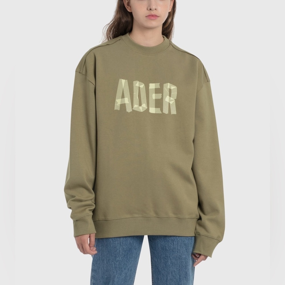 ADER ERROR Tape Logo Spellout Beige Green Pullover Sweatshirt Size A1 US Size S